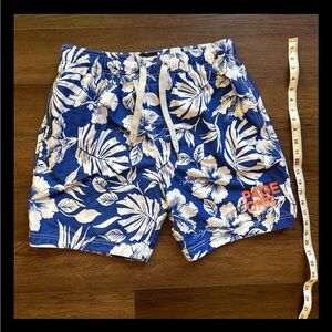 Page One Swim Trunks Hawaiian Floral Design Royal Blue and White